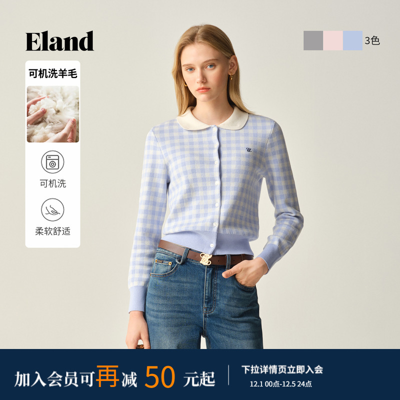 ELAND毛针织衫翻领长袖格子