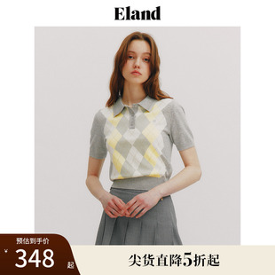 针织衫 Eland衣恋polo领毛衣女彩色格纹青春活力短袖 夏