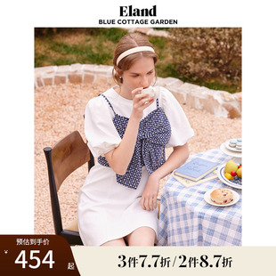 T恤裙温柔甜美风春夏 Eland衣恋假两件连衣裙大蝴蝶泡泡袖