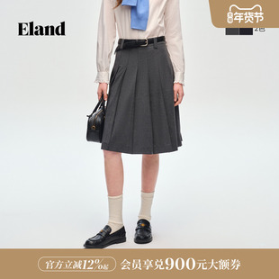 Eland衣恋半身裙女收腰显瘦中长款A字裙学院风百褶裙2026春季新款