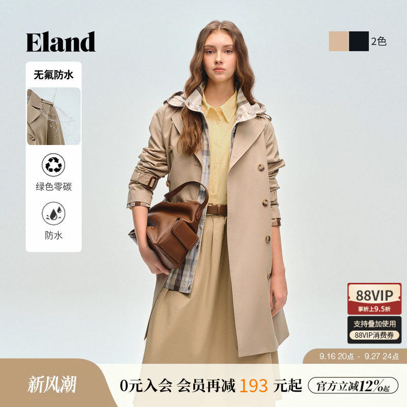 ELAND双排扣翻领中长款外套女图片