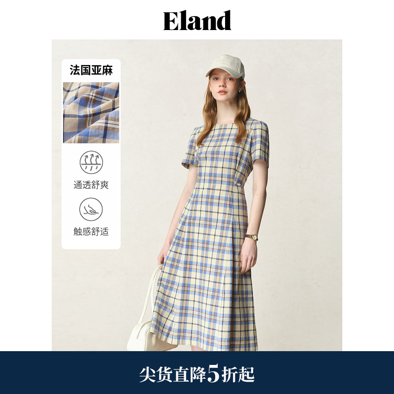 【法国亚麻】Eland衣恋连衣裙女格纹侧口袋裙子2025夏季新款淡人