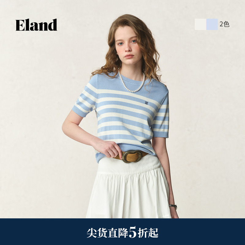 ELAND针织T恤撞色条纹短袖