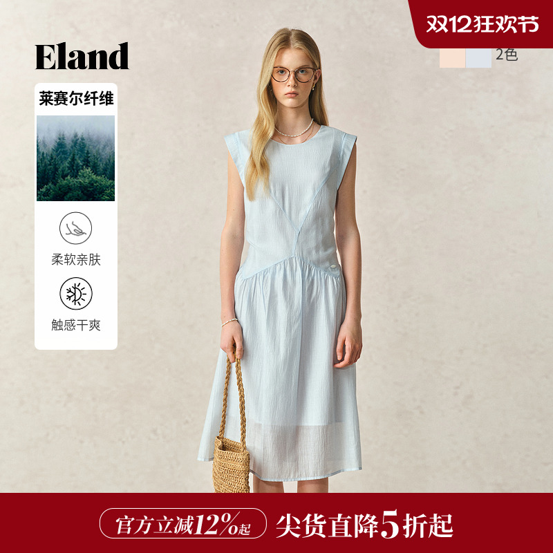 ELAND连衣裙圆领无袖纯色中长薄