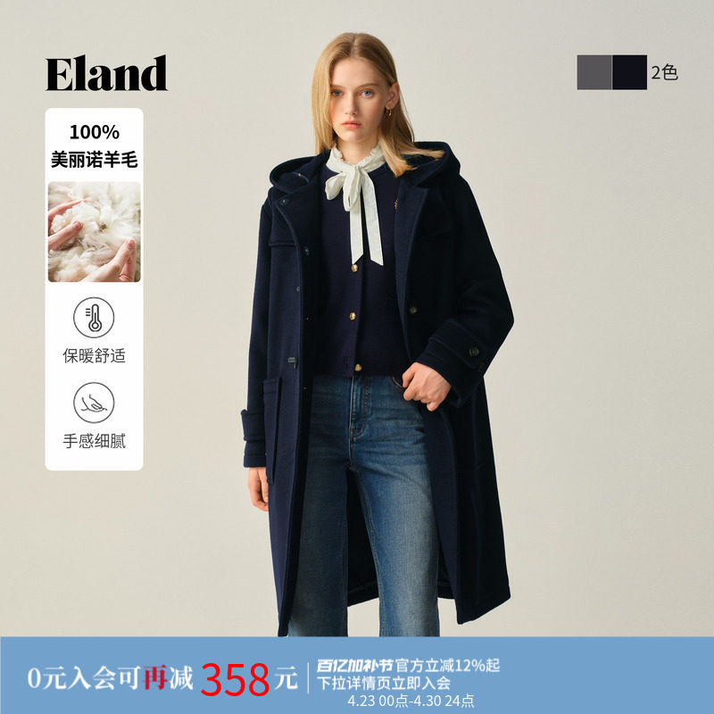 【100%美丽诺羊毛】Eland衣恋毛呢外套女牛角扣廓形大衣冬新