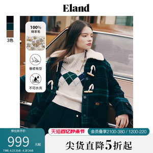 【100%绵羊毛】Eland衣恋毛呢大衣女羊羔毛领美拉德牛角扣外套