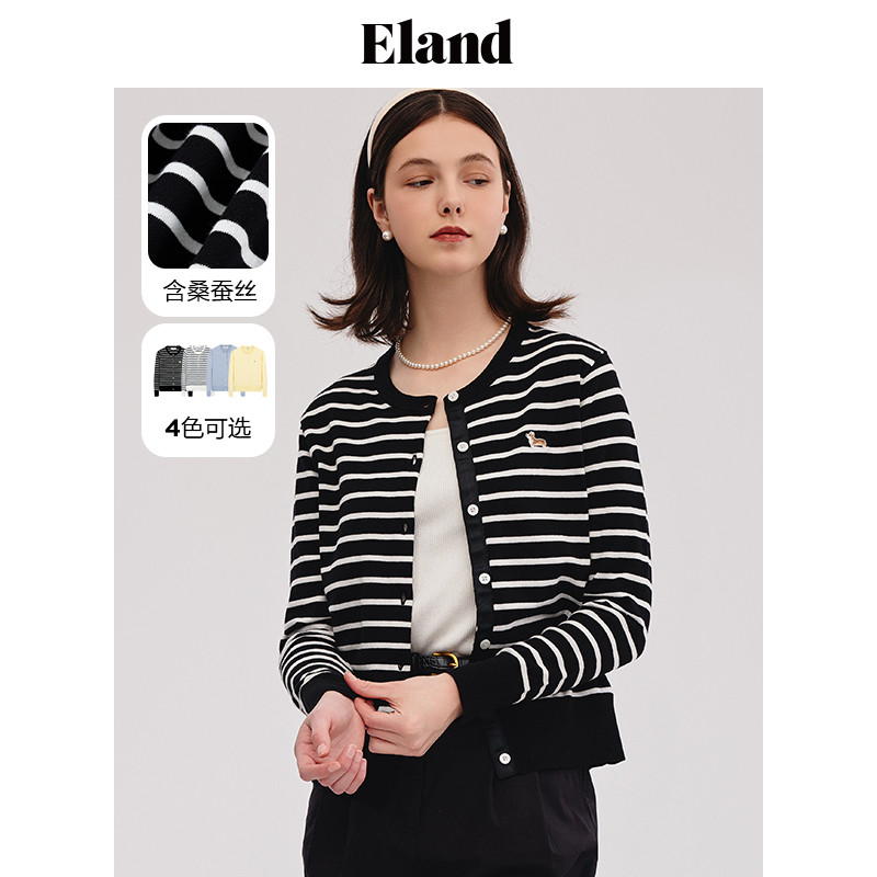Eland衣恋针织开衫长袖圆领条纹短款薄外套温柔风2023年春季新款