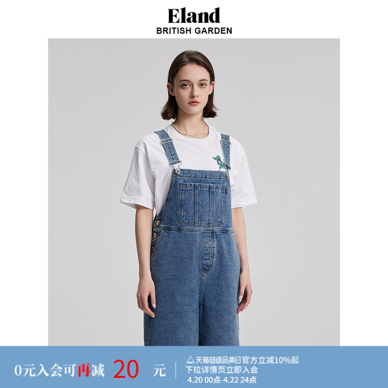 Eland衣恋背带裤牛仔裤短裤大口袋宽松休闲风女裤夏季