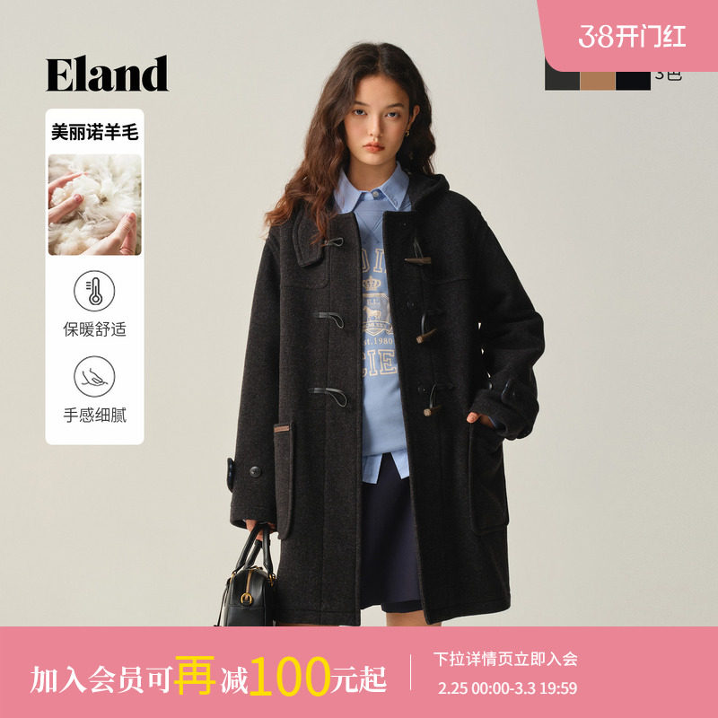 【美丽诺羊毛】Eland衣恋毛呢外套女牛角扣廓形大衣2025冬季新款