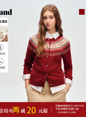 Eland衣恋毛针织衫女费尔岛提花单排扣开衫毛衣2026春季新款