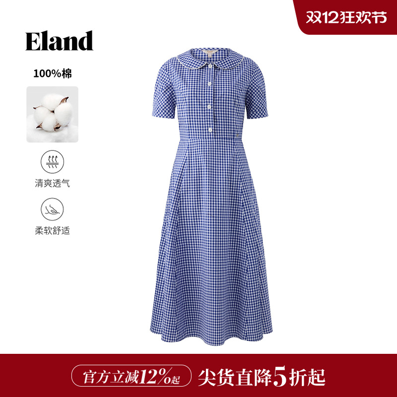 ELAND纯棉连衣裙格纹短袖翻领