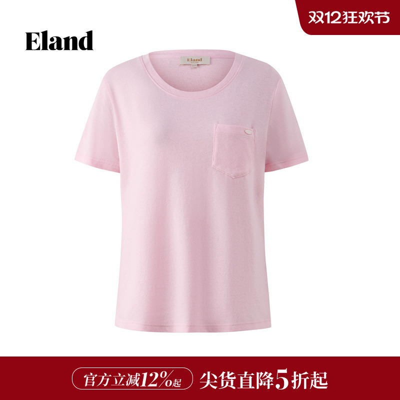 ELAND短袖T恤含亚麻纯色