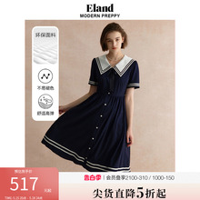 Eland衣恋连衣裙撞色翻领蝴蝶结伞裙甜美风裙子女夏季