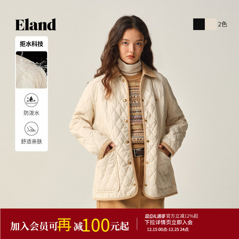 【拒水科技】【含绵羊毛】ELand衣恋棉服女菱格中长款2025冬新款