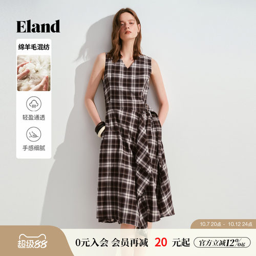 ELAND格纹无袖V领裙子