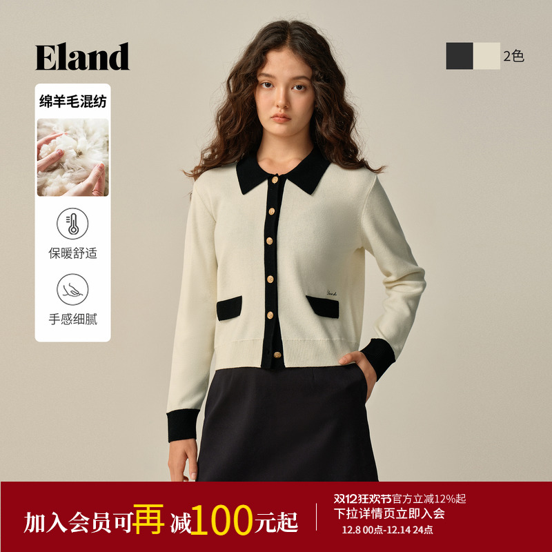 ELAND毛针织衫撞色长袖翻领