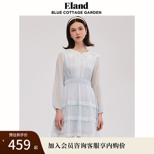 甜美风裙子 Eland衣恋连衣裙翻领荷叶边喇叭刺绣薄纱修身