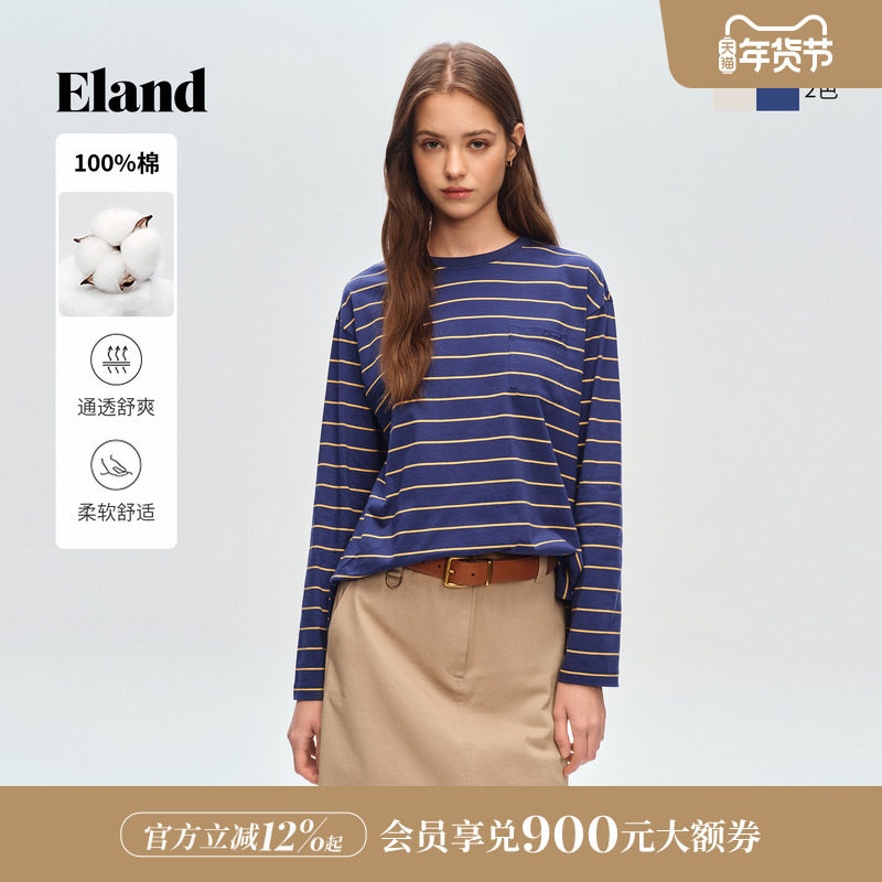 【100%棉】Eland衣恋T恤女学院风圆领长袖条纹宽松上衣2026春新款