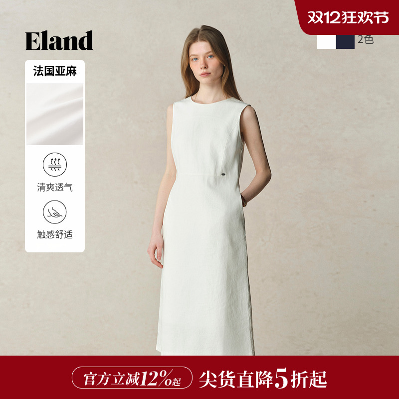 ELAND含亚麻无袖圆领连衣裙纯色