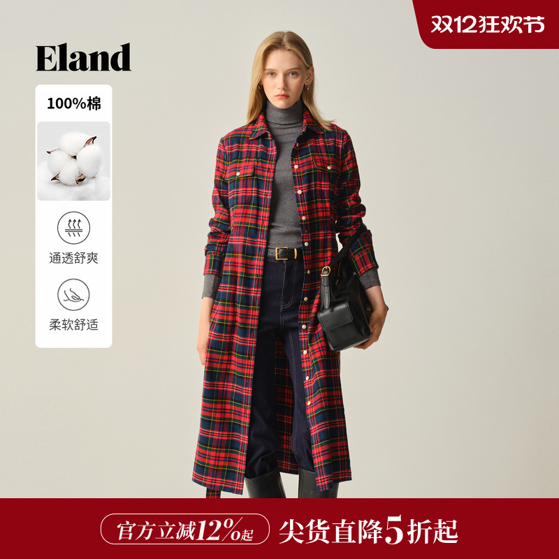 ELAND连衣裙收腰格纹长裙
