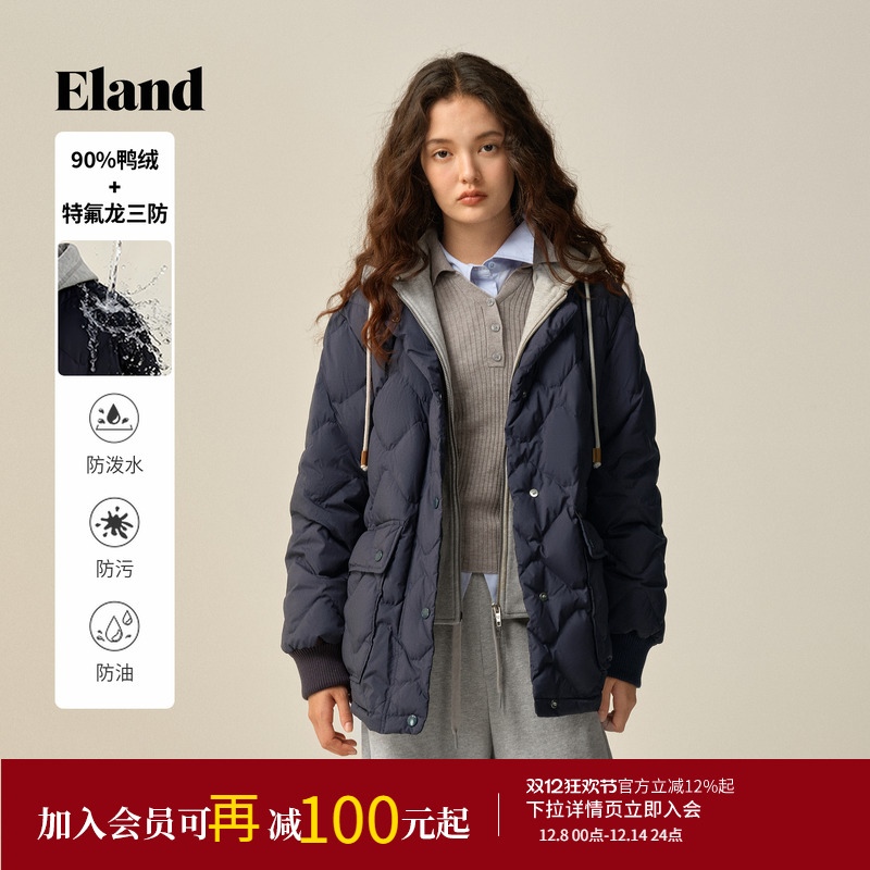 ELAND羽绒服单排扣鸭绒带帽