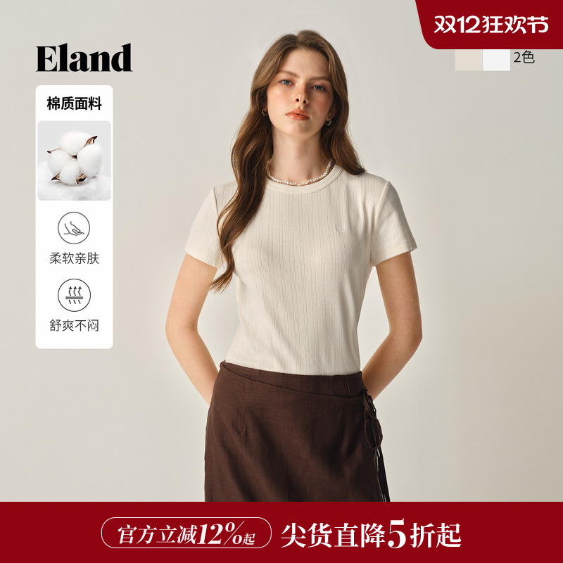 ELAND短袖T恤圆领纯色棉感