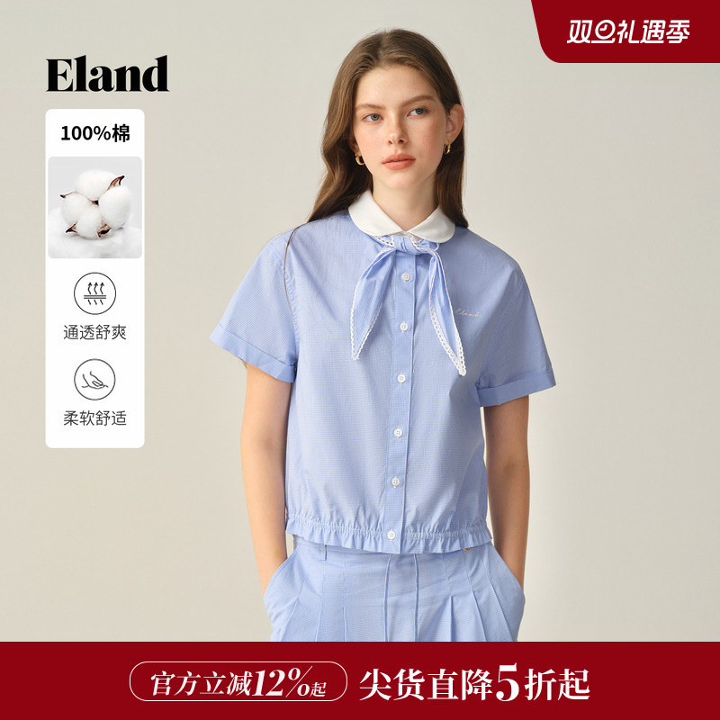 ELAND衬衫格纹带领结短袖