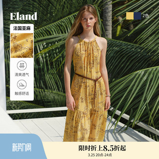 淡人 Eland衣恋吊带连衣裙女印花挂脖裙25夏新款 莱赛尔＋亚麻