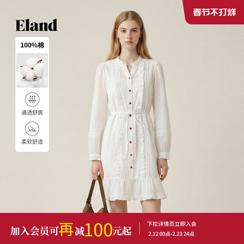 【100%棉】Eland衣恋连衣裙女通勤长袖收腰衬衫裙2025冬季新款