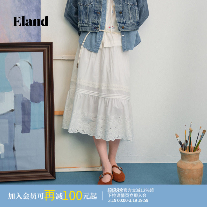 【100%棉】Eland衣恋半身裙女收腰百褶裙蕾丝边A字裙202