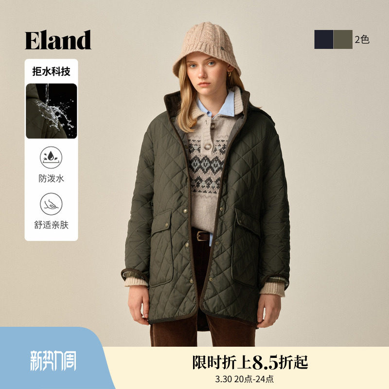 【拒水科技】Eland衣恋棉服女中长款菱格连帽外套冬季新款