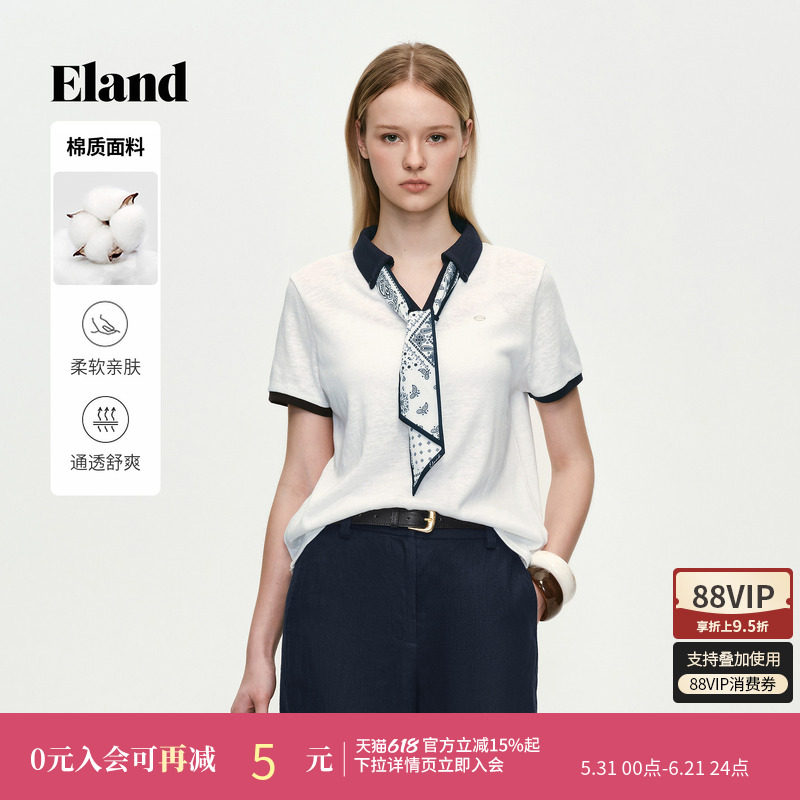 Eland衣恋T恤女气质飘带翻领短袖薄款微宽松上衣POLO衫2026夏新款