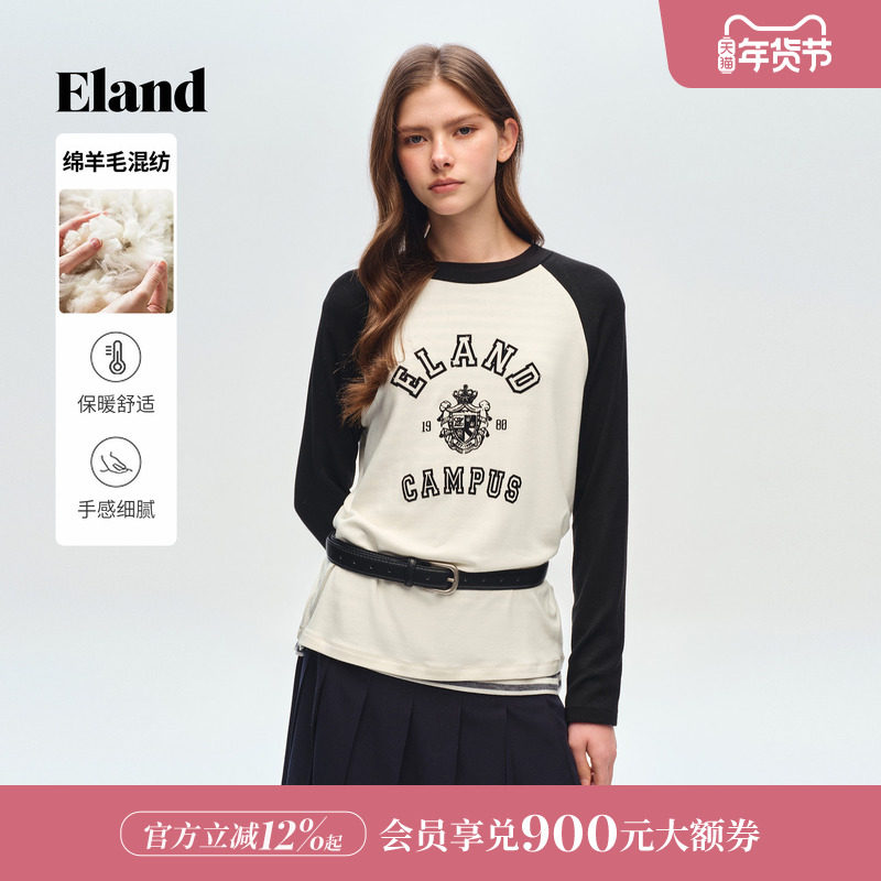 【绵羊毛】Eland衣恋T恤女时尚黑白撞色长袖印花上衣2026春季新款