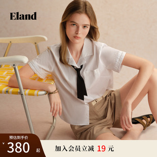 新款 Eland衣恋衬衫 上衣25夏季 口蕾丝边学院风领结短袖 女古巴领袖
