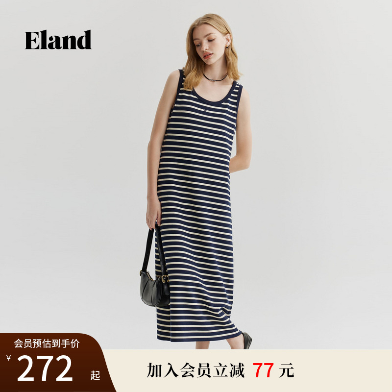 Eland衣恋背心连衣裙女宽松U领条纹慵懒休闲裙子夏
