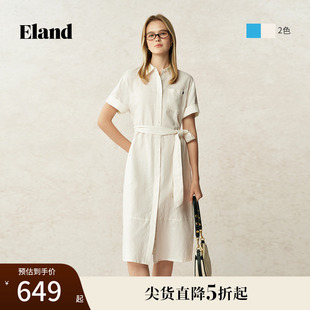 新款 Eland衣戀連衣裙女單排多扣翻領(lǐng)裙子2025夏季 亞麻＋棉