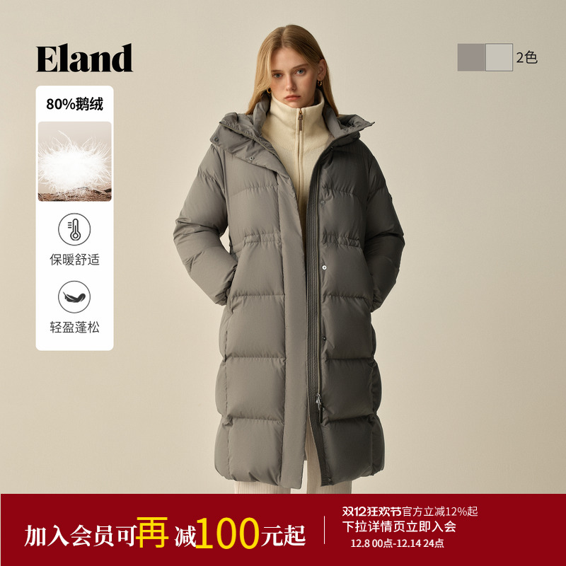 ELAND羽绒服连帽鹅绒中长款