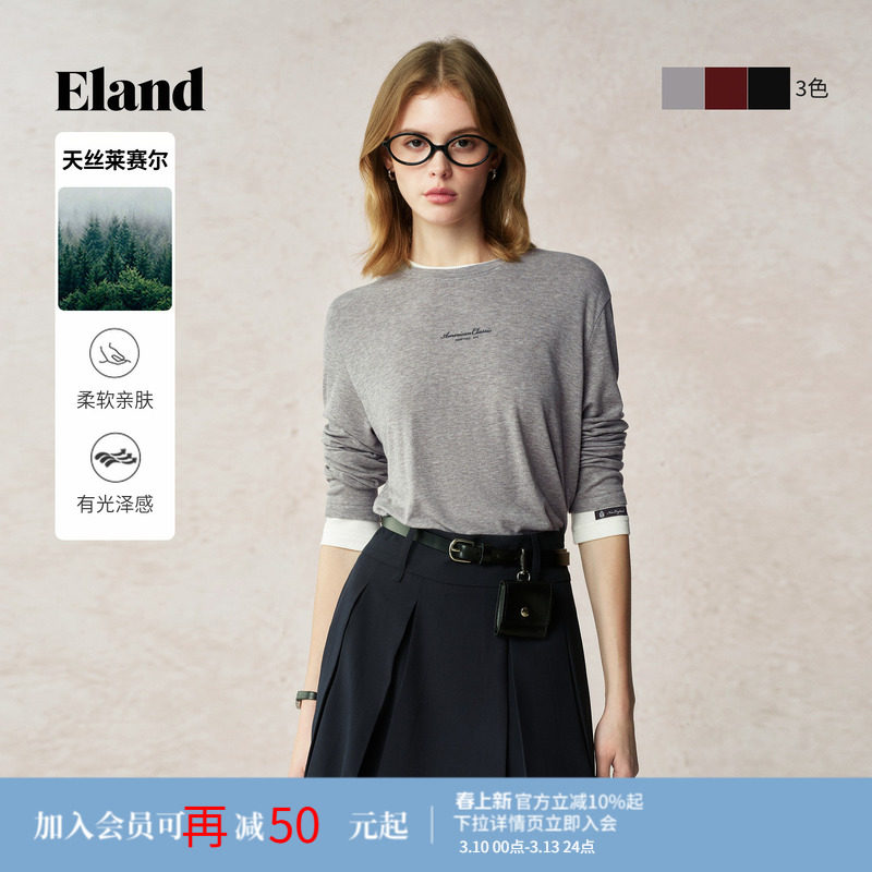 【莱赛尔】Eland衣恋T恤女圆领修身长袖休闲薄款假两件上衣夏季