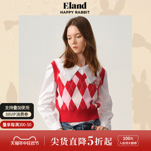 无袖 Eland衣恋学院风背心毛衣女格纹提花马甲针织衫 马夹