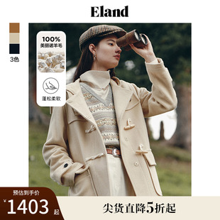 100%绵羊毛 Eland衣恋毛呢外套牛角扣羊毛大衣学院外套女