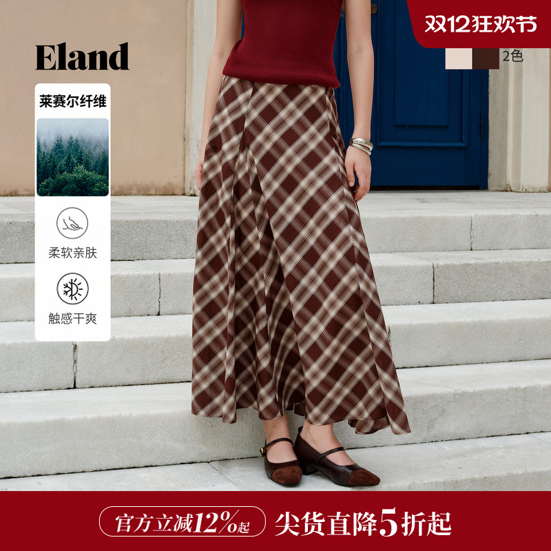 ELAND半身裙格纹长裙含莱赛尔