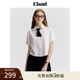 Eland衣戀白色短袖 上衣夏 女蝴蝶結(jié)領(lǐng)帶雪紡衫 襯衫