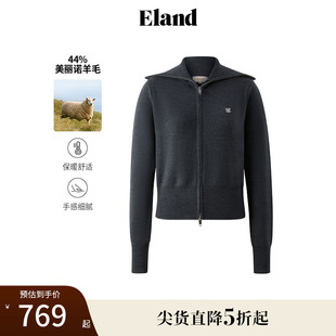 新款 Eland衣恋毛针织衫 上衣2025春季 女小翻领短款 弹力绵羊毛长袖