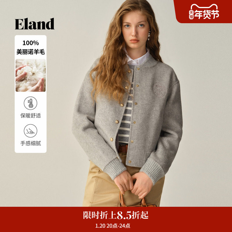 【100%美丽诺羊毛】Eland衣恋毛呢外套女短款羊毛大衣2025冬新款,女装/女士精品,毛呢外套,淘宝优惠券,粉丝福利购,淘宝优惠卷