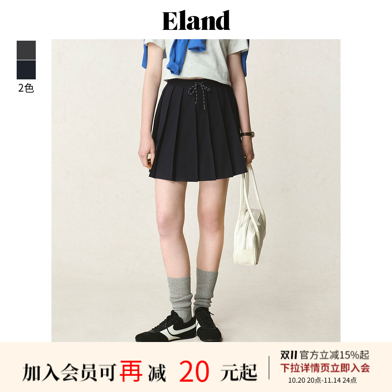 Eland衣恋半身裙女a字腰绳设计斜插口袋百褶通勤短裙2025夏季新款