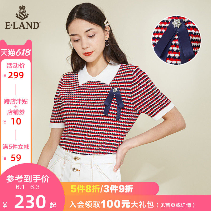 ELAND2020夏季新款丝带领结POLO领短袖女拼色针织T恤EEKWA23C3B