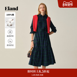 【100%棉】Eland衣恋连衣裙女英伦风收腰格纹长裙2025冬季新款
