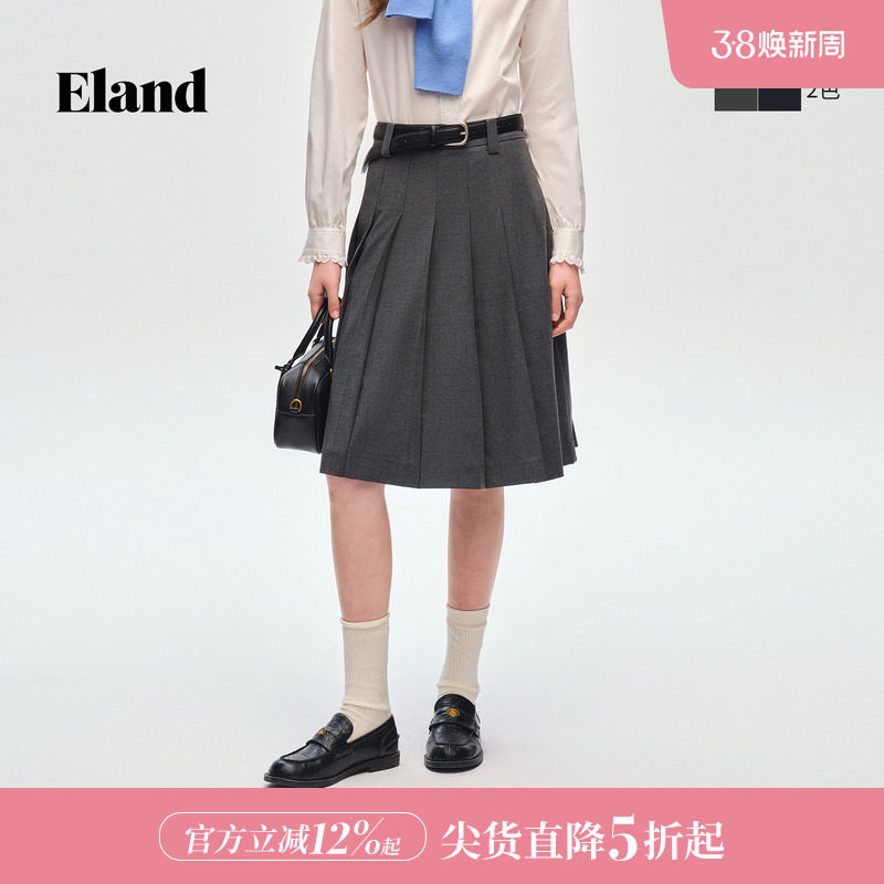 Eland衣恋半身裙女收腰显瘦中长款A字裙学院风百褶裙2026春