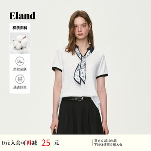 Eland衣恋T恤女气质飘带翻领短袖薄款微宽松上衣POLO衫2026夏新款