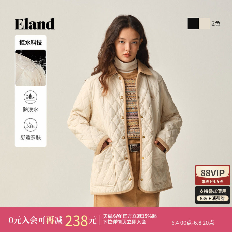 【拒水科技】【含绵羊毛】ELand衣恋棉服女菱格中长款冬新款